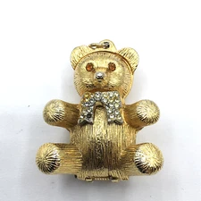 Vtg Max Factor 1970’s Gold Tone Teddy Bear Rhinestone Pendant W/ Solid Perfume