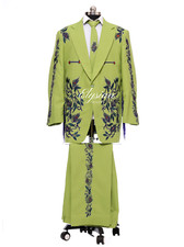 Customized 2Pc Green Peacock Floral Feathers Embroidered Country Western Suit