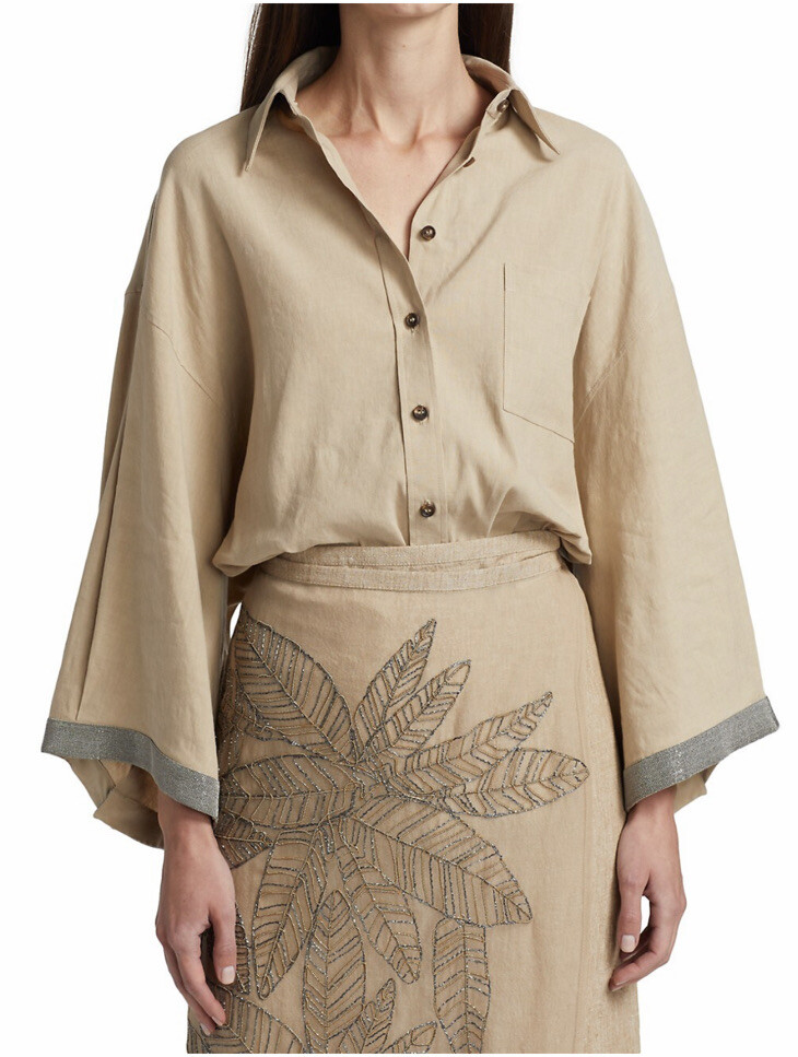 Brunello  Cucinelli Linen-Blend Shirt with Monili Cuffs , size L