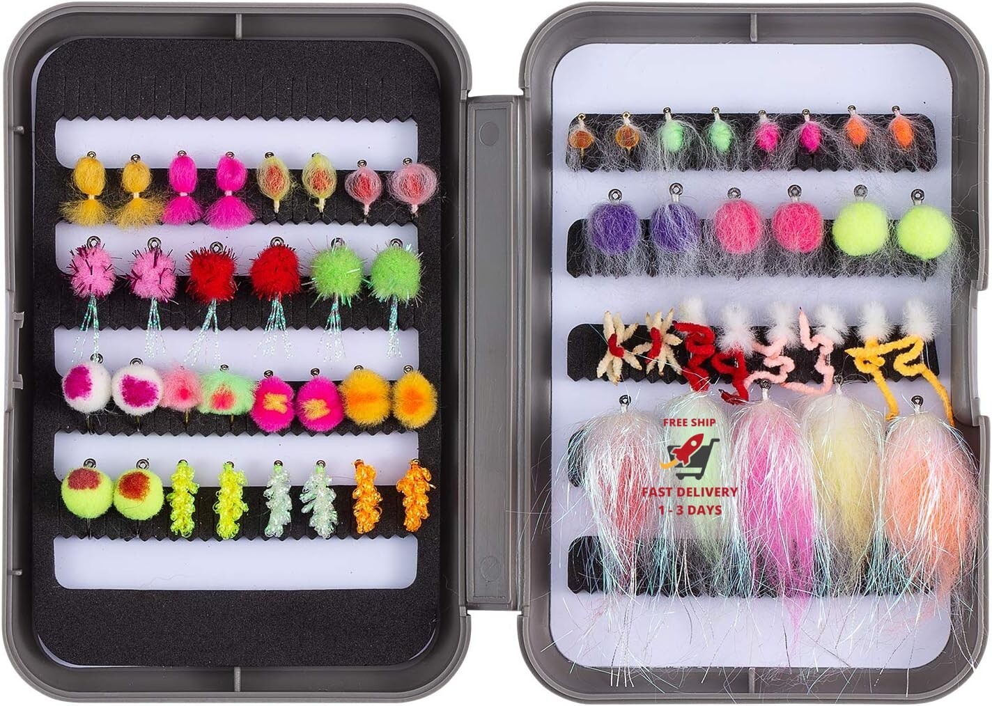 57-fly egg fishing kit with storage box for trout fly fishing