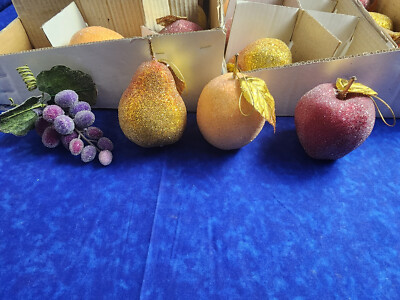 Beaded Sugared Fruit Ornaments Assorted Lot Of 24 Pear Orange Apple Grape