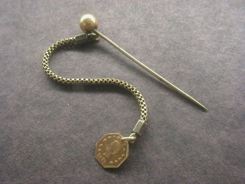 1872 Curly Haired Man California gold 1/4 dol. charm token coin chain stick pin