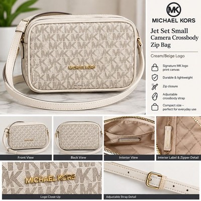 Michael Kors Jet Set Small Camera Crossbody Bag Purse Cream Beige Logo NWT Women
