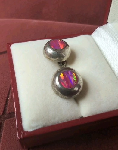 Beautiful Inlay Fire Opal Mexico Silver Stud Earrings - Picture 3 of 8