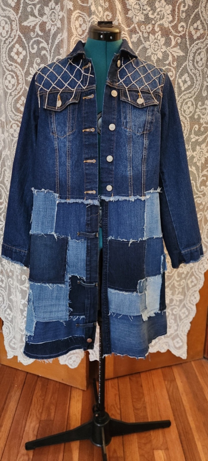 Upcycled Midi Denim Patchwork & Rhinestone Coat J… - image 1
