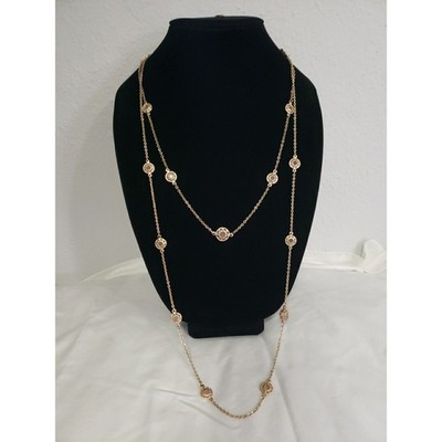 Two Layer Necklace Ornate Filgree Bezel Set Pink Crystal Stations In Gold Tone