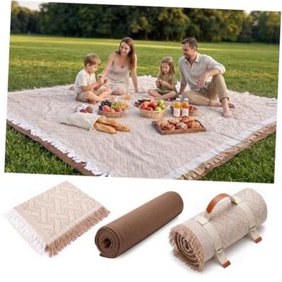 2 in 1 Extra Large Rug Outdoor Picnic Blanket Waterproof Woven 80''x80'' Brown