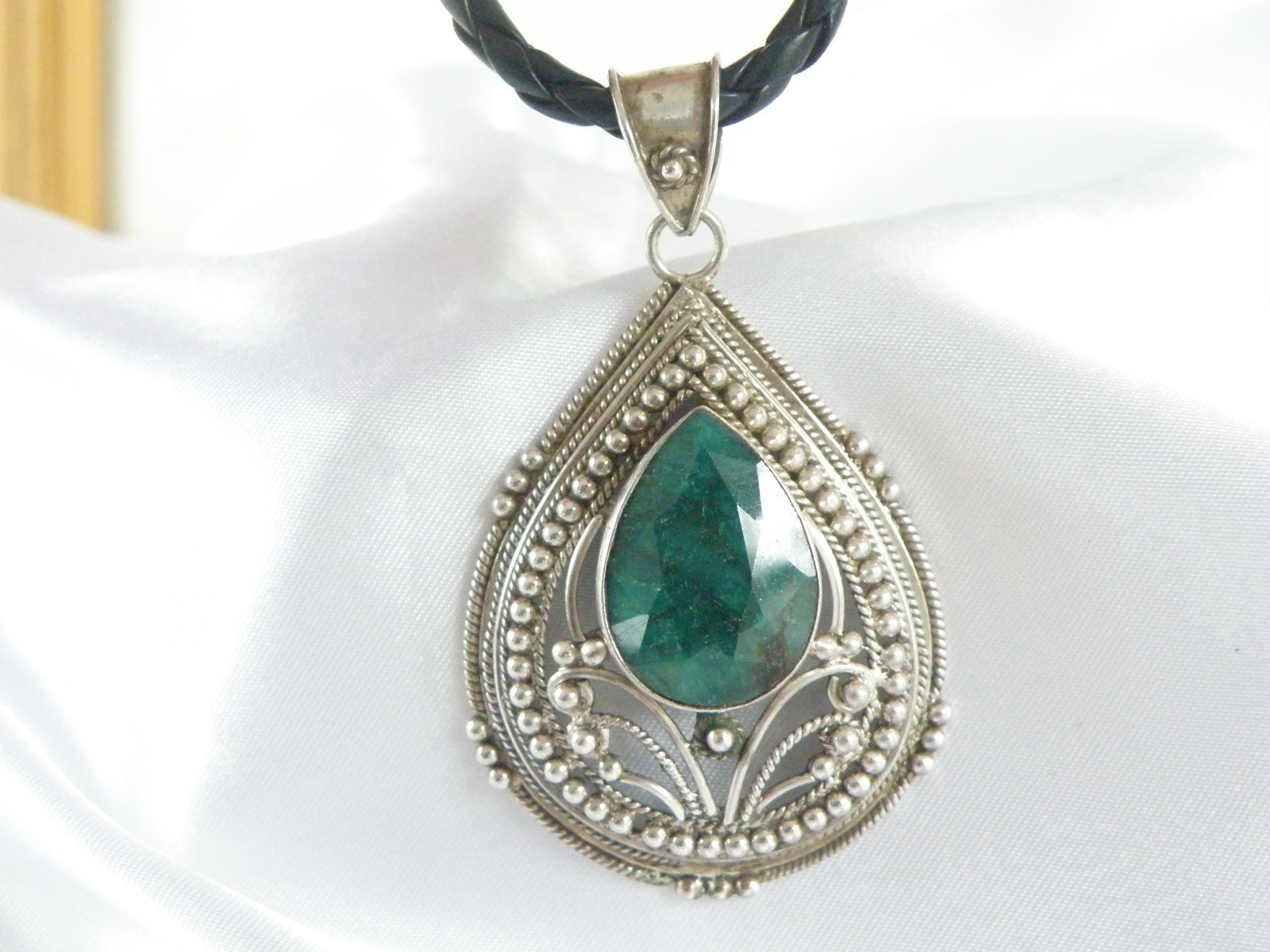 Vintage Sterling Silver 925 Large Emerald Filigree Pendant Necklace