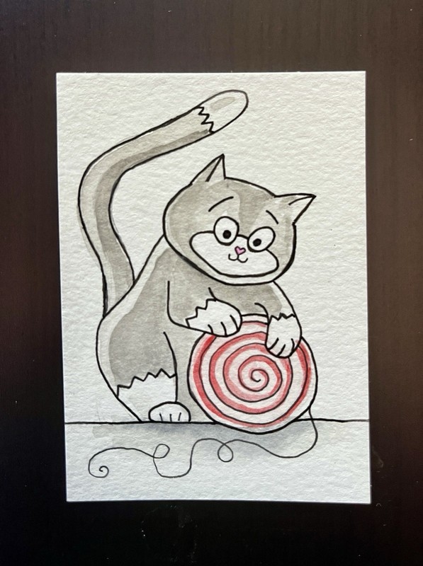 ACEO Original Watercolor Painting “Little Ball Of Fur” By Connie Kline 2.5x3.5”