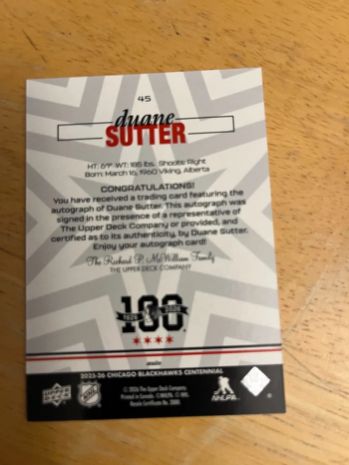 25-26 UD DUANE SUTTER BLACKHAWKS CENTENNIAL AUTO - Image 2 of 2