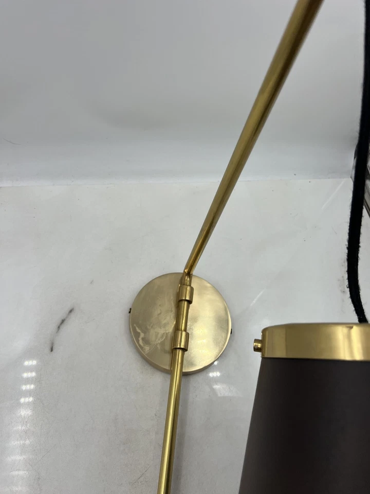 Brass Plug-In Swing Arm Wall Sconce Leather Shade Adjustable Modern Glass Globe - Image 3 of 4