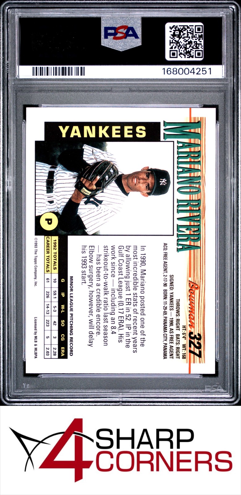 1993 BOWMAN #327 MARIANO RIVERA YANKEES HOF PSA 9 view 2