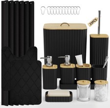 25 PC Bathroom Accessories Sets W/ Shower Curtain Rugs Trash Can Soap Dispenser