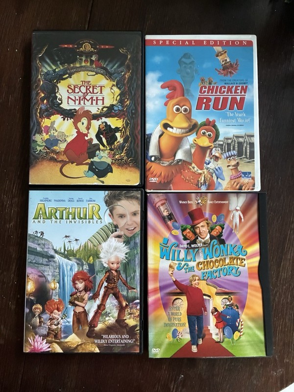 Chicken Run , Secret of Nimh, Arthur and th Invisibles, Willy Wonka Choc Factory