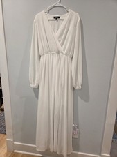 Lulus Enchant My Love White V-Neck Long Sleeve Maxi Dress Womens Large Side Slit