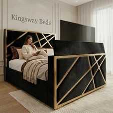 Image of Gold Star TV Bed Frame Upholstered In Plush Velvet UK Gas Lift Storage Option