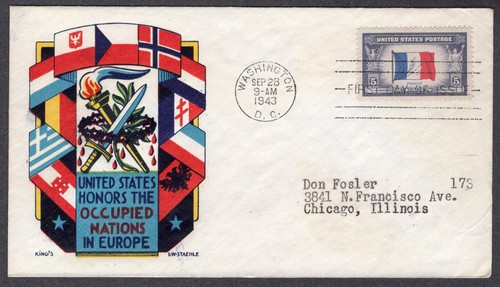 1943 Overrun Countries France (Scott 915) - Staehle KING'S G/P WDC FDC TB426