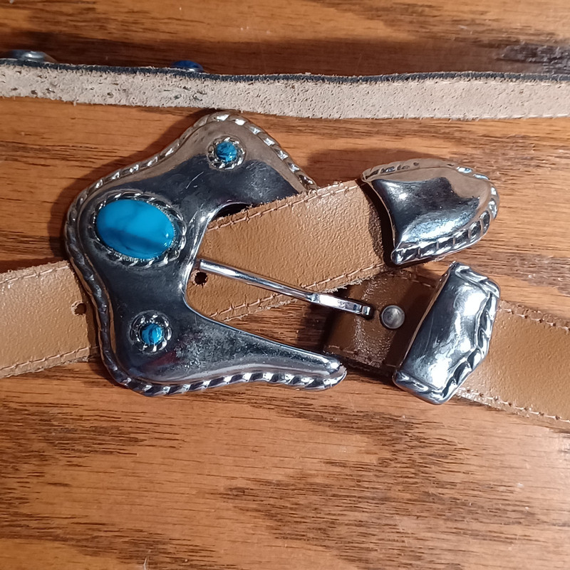 NEW Western Concho Brown/Tan Leather Silver Tone Belt with Turquoise Accents M-L
