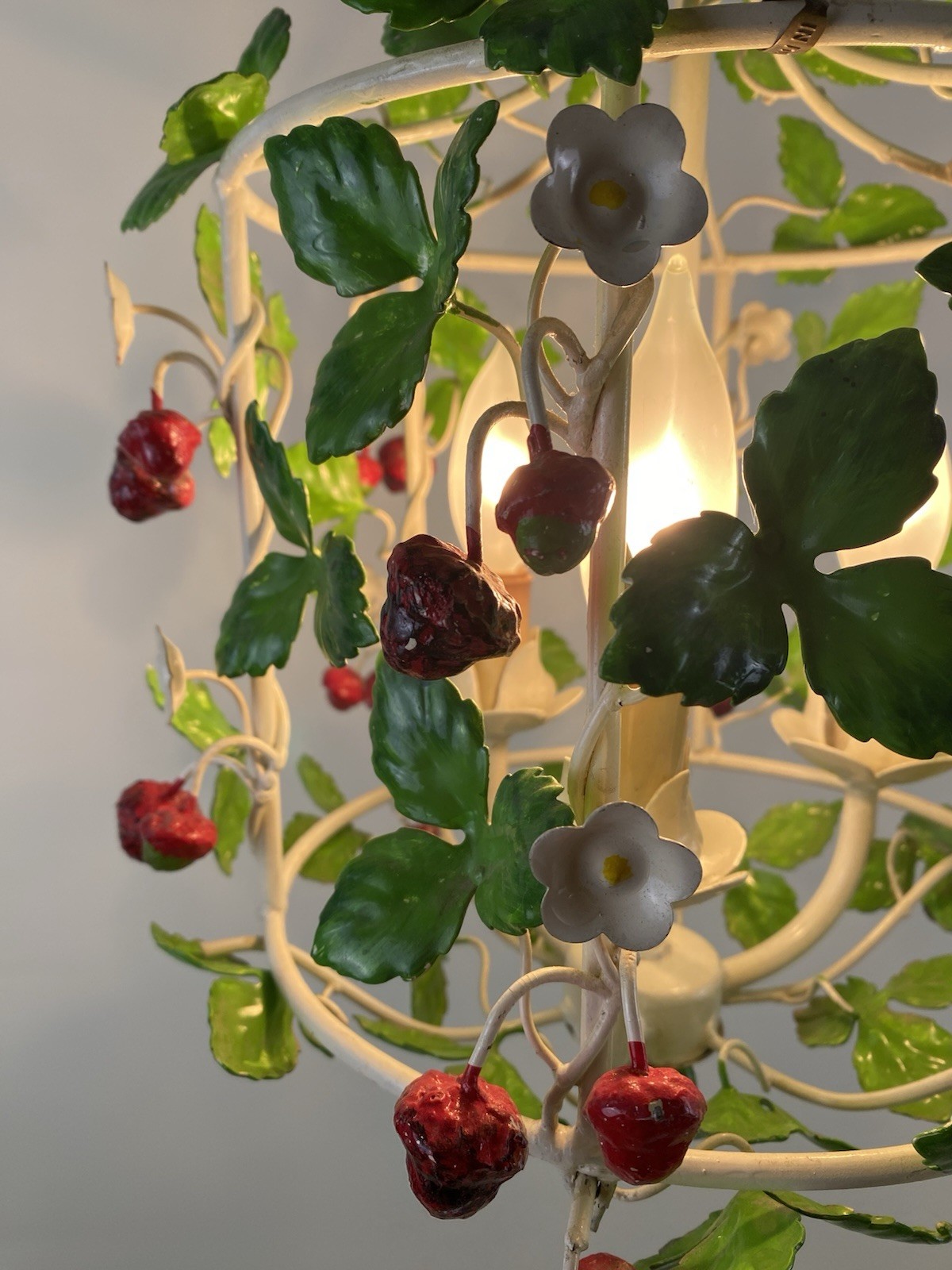 Vintage Italian Tole Strawberry Chandelier Fixture Birdcage Metal Three Sockets