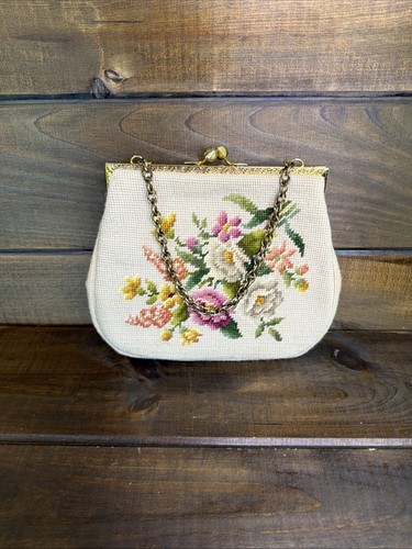 Unbranded Vintage Beige Needlepoint Handbag Floral Design