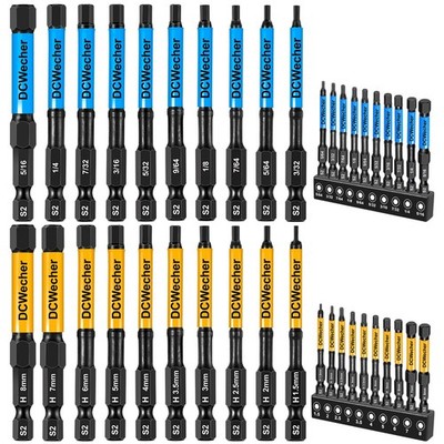 3-Inch 3'' 20-PCS Hex Bits (Metric & SAE), Yellow for Metric Blue Sae