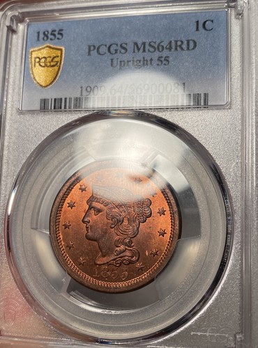 1855 Braided Hair Large Cent Upright 55 PCGS MS65RD RED - Picture 4 of 7
