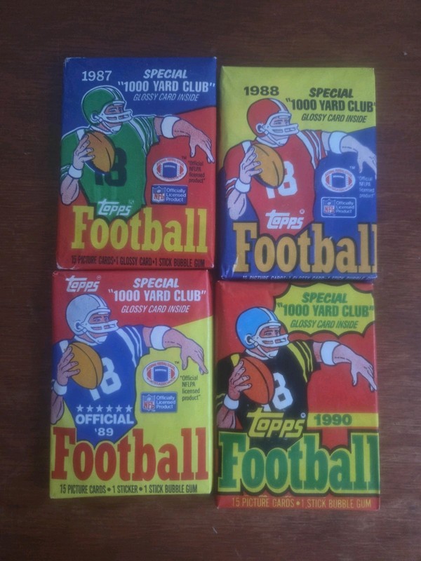 Topps Football Wax Packs, One Pack From 1987, 1988, 1989 & 1990. Unopened EX-NM