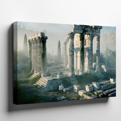 In a mist-laden landscape, ancient Greek ruins Wall Art Canvas Print Home Decor