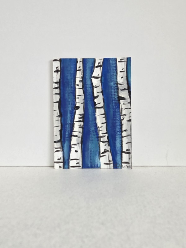 ACEO Original Art Card Aspen Tree Watercolor Ink Painting Blue White