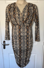 AX Paris Snakeskin Print Ruched Midi Dress Brown V-Neck Wrap Front Size 14