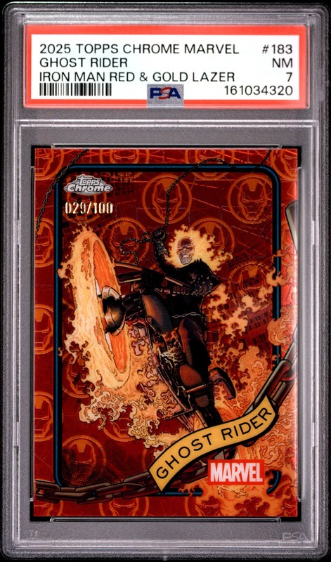 2025 TOPPS CHROME MARVEL IRON MAN RED & GOLD LAZER #183 GHOST RIDER 29/100 PSA 7
