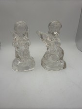 2 Heavy Vintage Clear Glass Angel Cherub Candle Holders 4.75" Kneeling One Knee