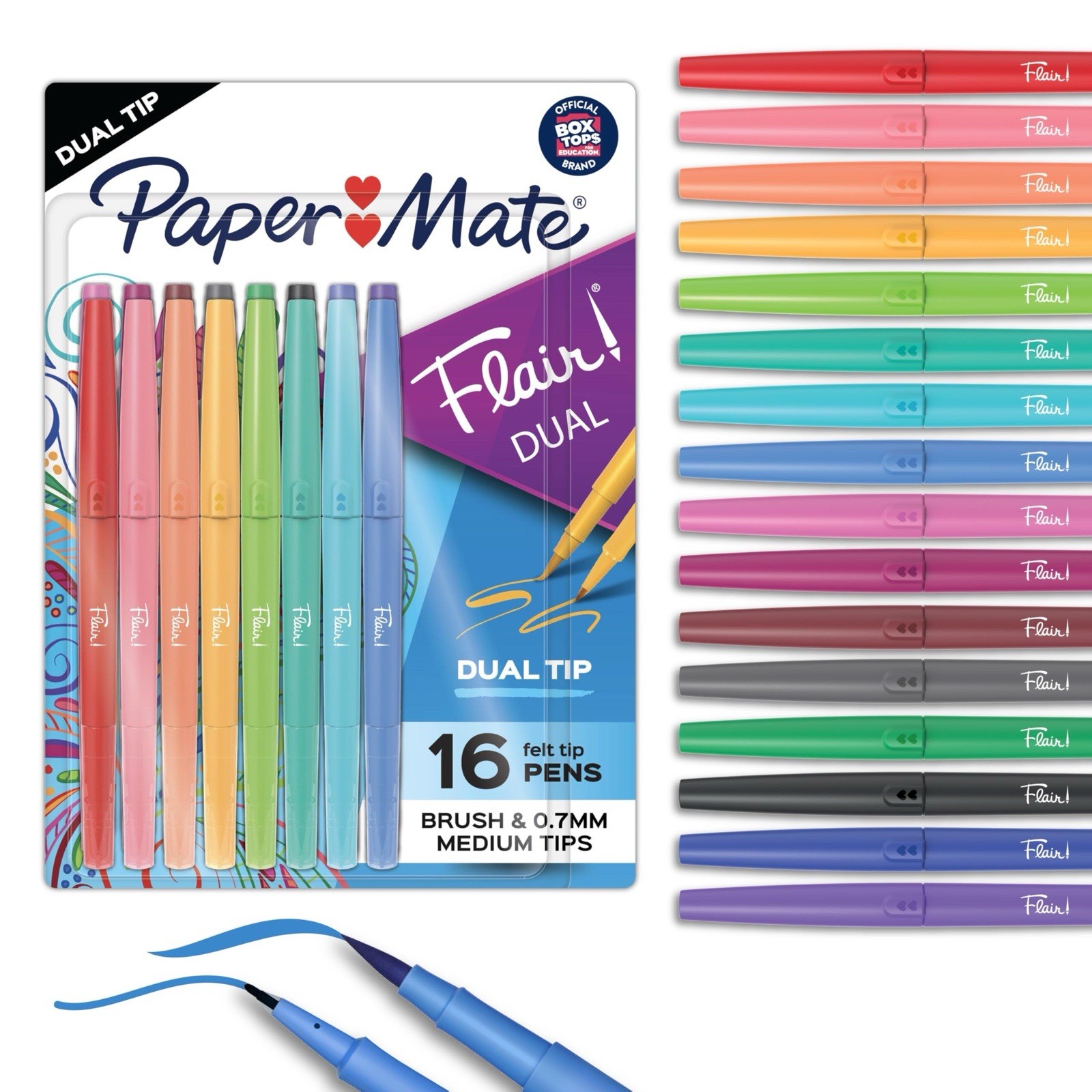 Paper Mate Flair! DUAL Calligraphy Pens Brush/Medium Tips 16 Assorted Colors