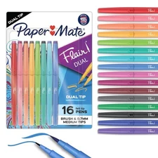 Paper Mate Flair! DUAL Calligraphy Pens Brush/Medium Tips 16 Assorted Colors