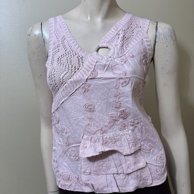Women s Light Pink Cotton Casual Stretch Ring Crochet Pleated Size M/L Blouse