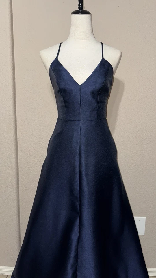 Maxi Vestido ALFRED SUNG Satinado Talla 0 Medianoche Azul Marino Bolsillos Formal Boda Foto 3 de 4