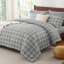 Size Comforter Set - 7 Pieces Plaid Bed in a Bag Set, Soft Bed Set King Grey