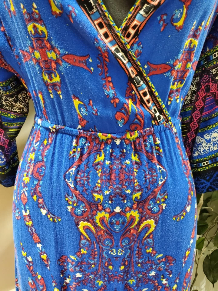 Maxi Vestido Largo Flying Tomato Para Mujer Azul Rayón Cuello en V Manga 3/4 Talla Pequeña Foto 3 de 4