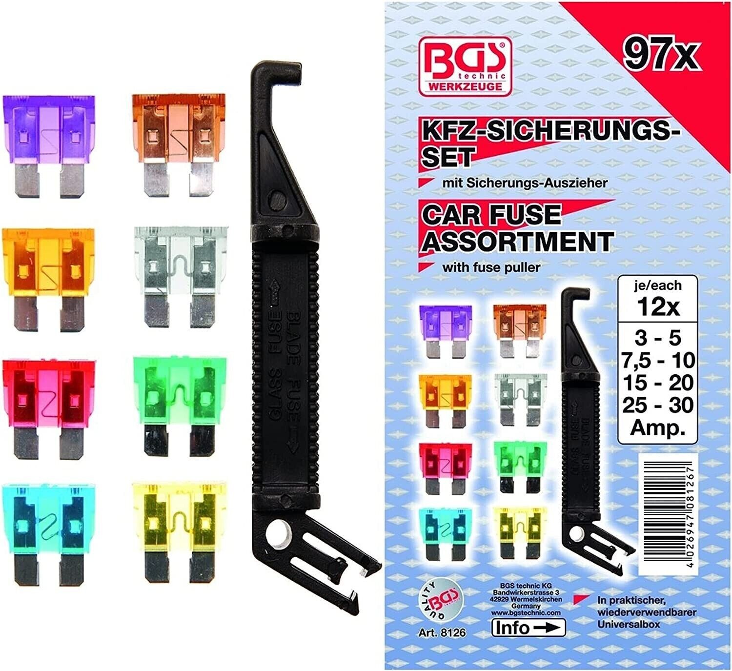 CASSETTA SET 96 PZ FUSIBILI PER AUTO ASSORTITI 12PZ. PER MISURA AMPERE