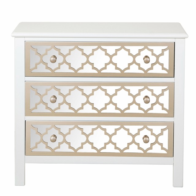 White Wood Drawer Chest With Mirrored Drawer Fronts 605876272362