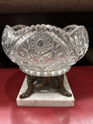 Loevsky & Loevsky L&L WMC 6616 Brass Footed Crystal Cut-Glass Bowl Marble Base