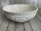 Vintage White Milk Glass Bowl Embossed Grapes 11" Raised Pattern Scalloped Edge