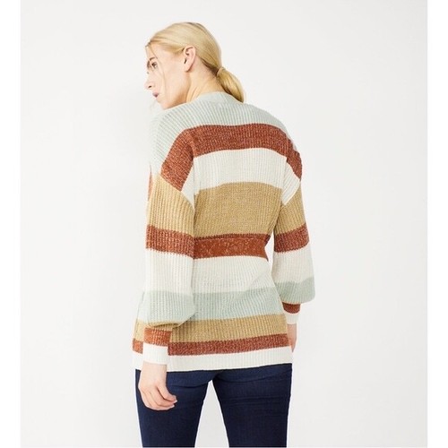Cardigan nuovo con etichette Nine West manica a palloncino cravatta in vita come nuovo a righe noce moscata taglia XS - Foto 2 di 3