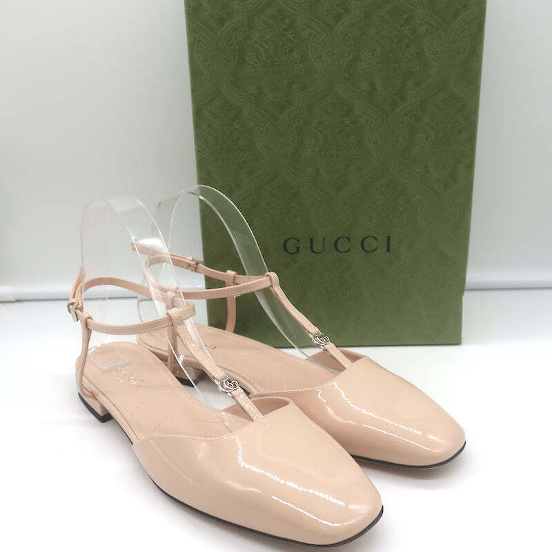 Gucci Double G T-Strap Ballet Flats Nude Patent Leather Size