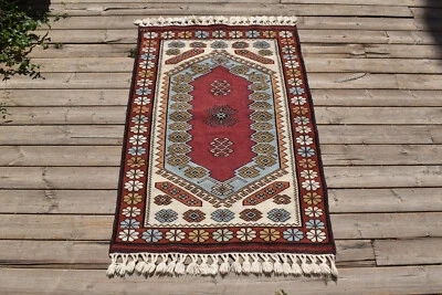 Tapis Kilim Turc 2' x 3' Tissé Main Anatolien Est Vintage Sumak Kilim 70x110cm - Photo 1/4