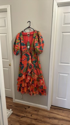NWT FARM Rio Coral Mixed Graphic Macaws Puff Sleeve Ruffle Hem Wrap Dress Size S - Picture 4 of 8