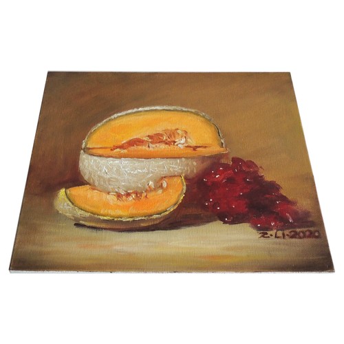 Original Oil Painting a Day Still Life Realism Cantaloupe Grape 10x10 by Z.Li - Picture 3 of 4