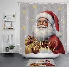 Funny Red Santa Claus on Grey Christmas Shower Curtain Set for Bathroom Decor