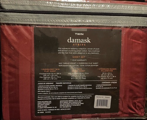 Damask Stripe Burgundy Twin Sheet Set 500 Thread Count 100% Egyptian Cotton - Picture 2 of 2