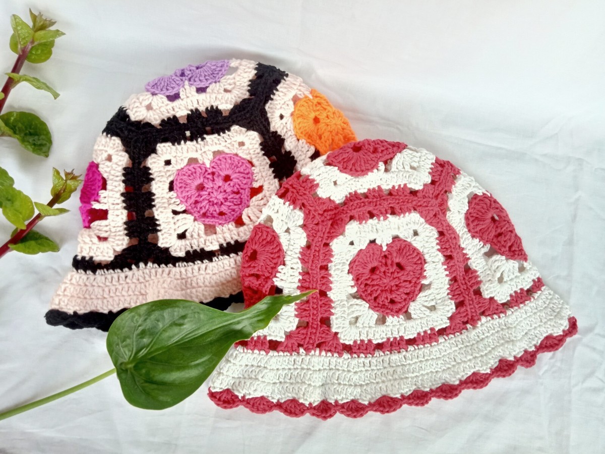 Crochet Granny Square Heart Pattern Bucket Hats Handmade women | eBay